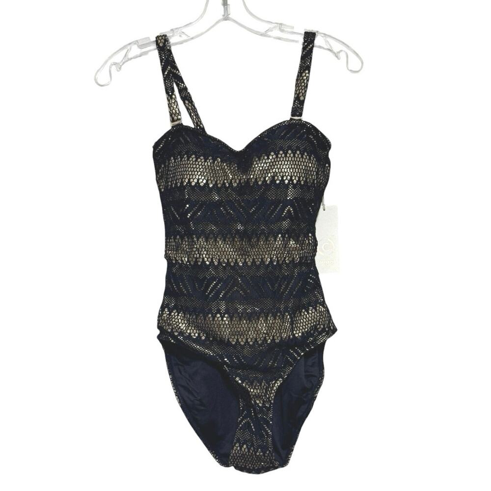 Cosita Linda Black Lace Gold Lined One Piece W/or WO Straps Swimsuit Size M 8-10